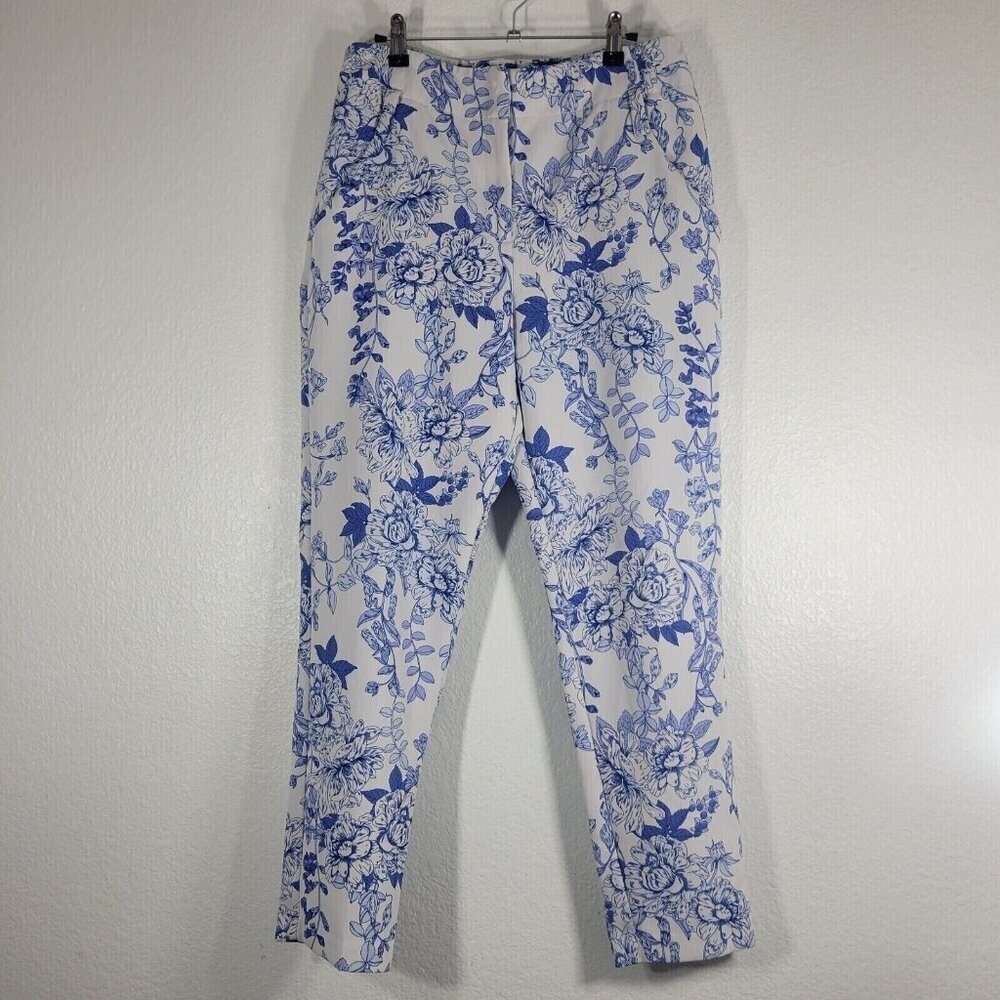 7th Avenue New York & Company Floral Pants Women Size 10 Blue Coastal Grandma